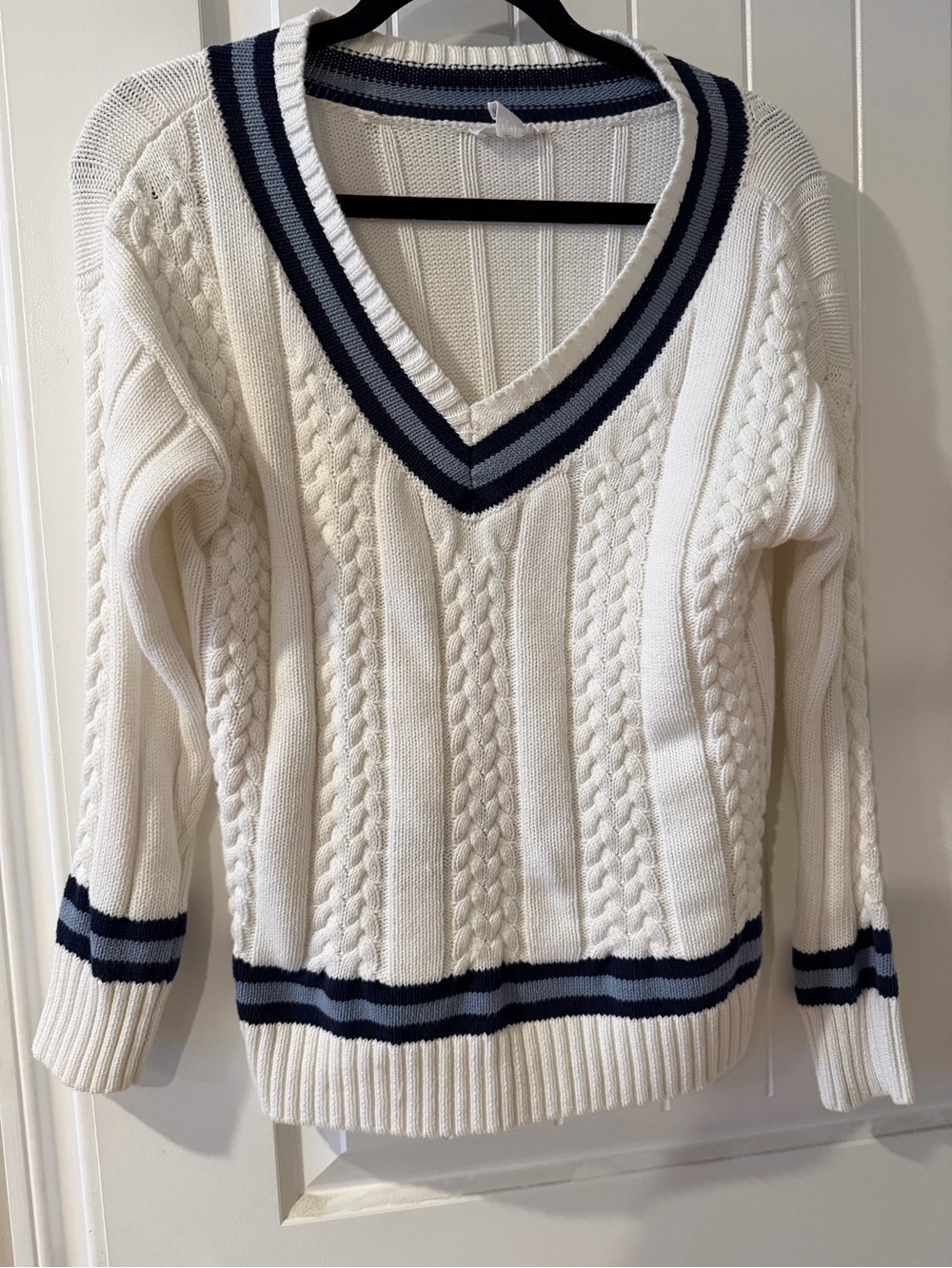 Cream Cable-Knit V-Neck Sweater with Navy Stripe Trim